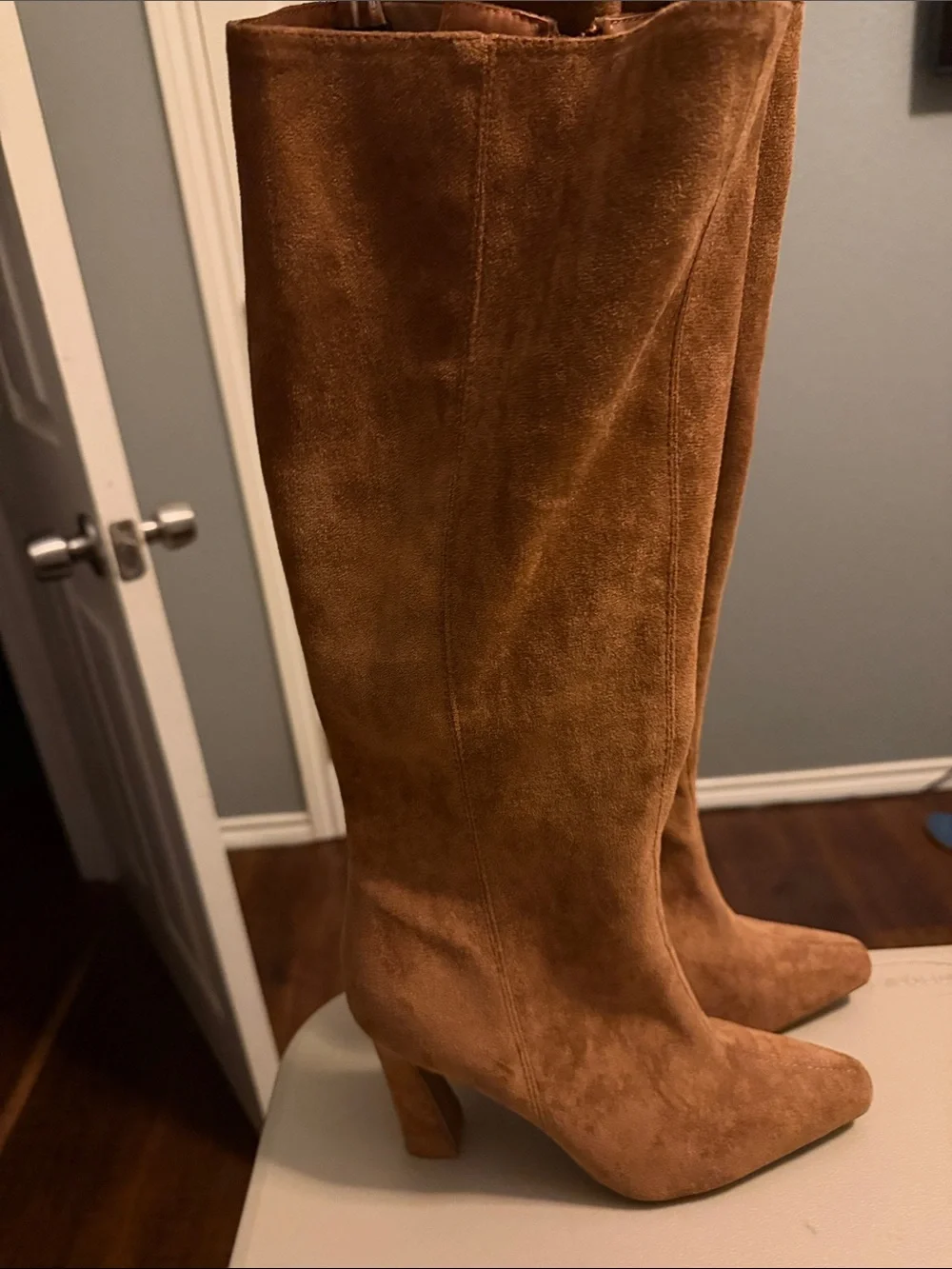 TOP Moda Tall Faux Suede Knee Boots in Cognac Brown